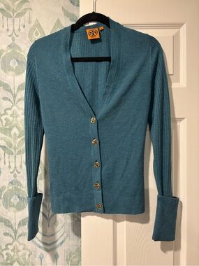 Tory Burch Teal Ribbed Button-Front Cardigan 💯% wool